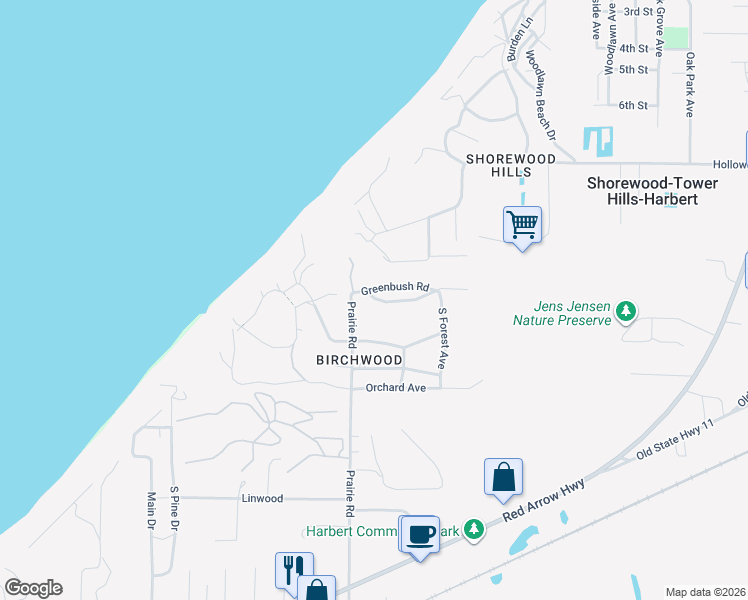 map of restaurants, bars, coffee shops, grocery stores, and more near 7270 Greenbush Road in Lakeside