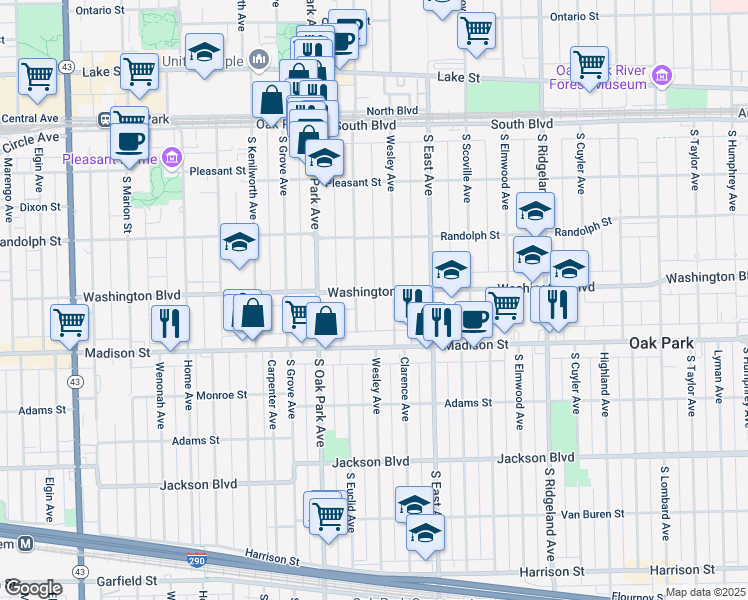 map of restaurants, bars, coffee shops, grocery stores, and more near 651 Washington Boulevard in Oak Park