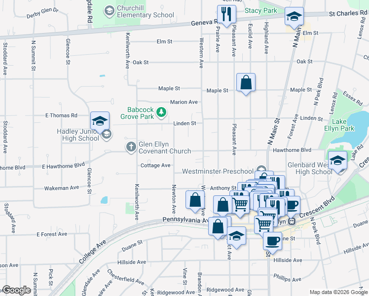 map of restaurants, bars, coffee shops, grocery stores, and more near 368 Hawthorne Boulevard in Glen Ellyn