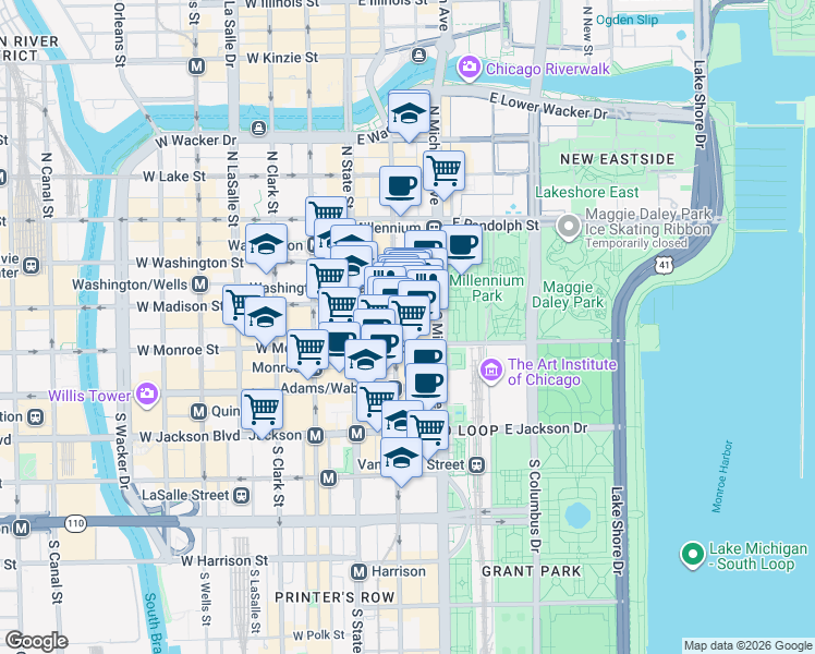 map of restaurants, bars, coffee shops, grocery stores, and more near 60 East Monroe Street in Chicago