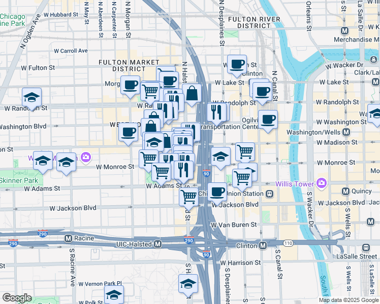 map of restaurants, bars, coffee shops, grocery stores, and more near 727 West Madison Street in Chicago