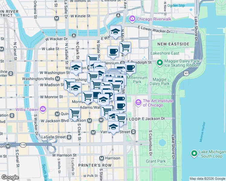 map of restaurants, bars, coffee shops, grocery stores, and more near 29 South Wabash Avenue in Chicago