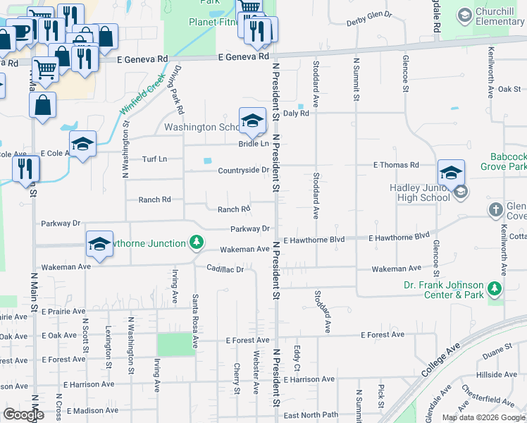 map of restaurants, bars, coffee shops, grocery stores, and more near 822 Ranch Road in Wheaton