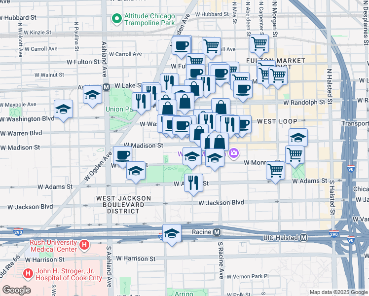 map of restaurants, bars, coffee shops, grocery stores, and more near 1301 West Madison Street in Chicago
