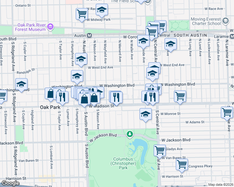 map of restaurants, bars, coffee shops, grocery stores, and more near 41 North Mayfield Avenue in Chicago