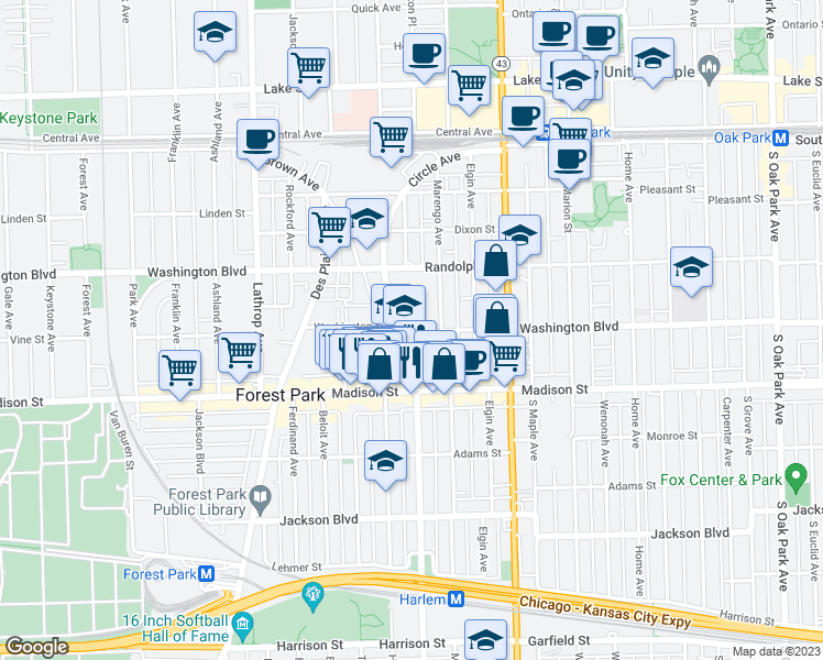 map of restaurants, bars, coffee shops, grocery stores, and more near 300 Circle Avenue in Forest Park