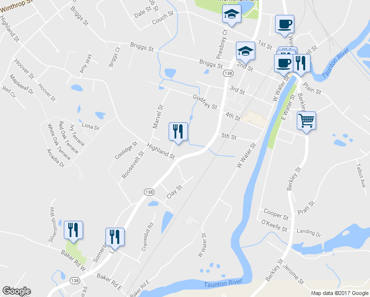 map of restaurants, bars, coffee shops, grocery stores, and more near 635 Somerset Avenue in Taunton