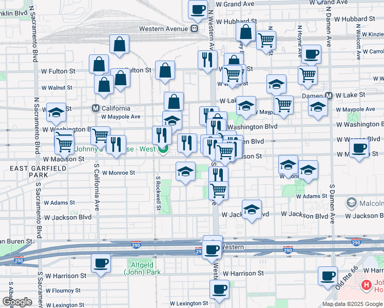 map of restaurants, bars, coffee shops, grocery stores, and more near 2446 West Madison Street in Chicago
