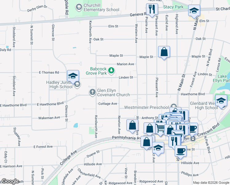 map of restaurants, bars, coffee shops, grocery stores, and more near 338 Hawthorne Boulevard in Glen Ellyn