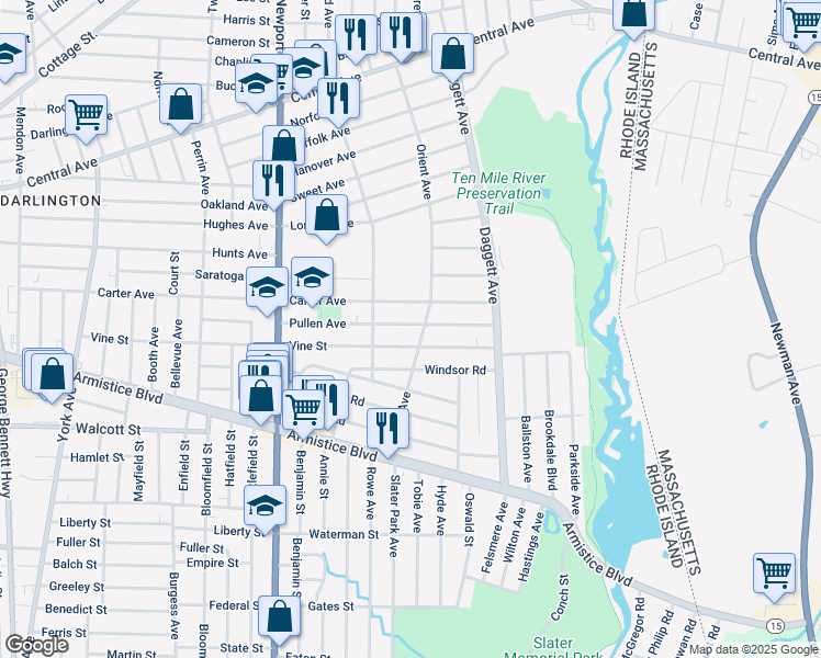map of restaurants, bars, coffee shops, grocery stores, and more near 255 Pullen Avenue in Pawtucket
