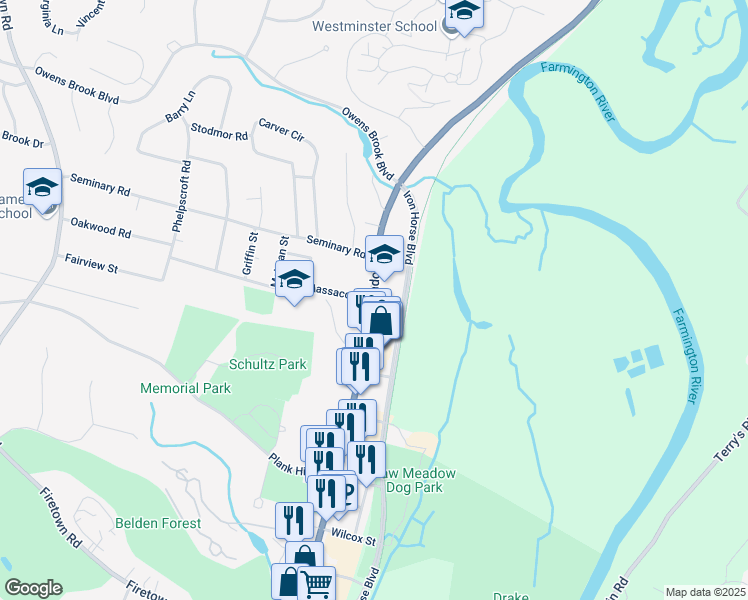 map of restaurants, bars, coffee shops, grocery stores, and more near in Simsbury