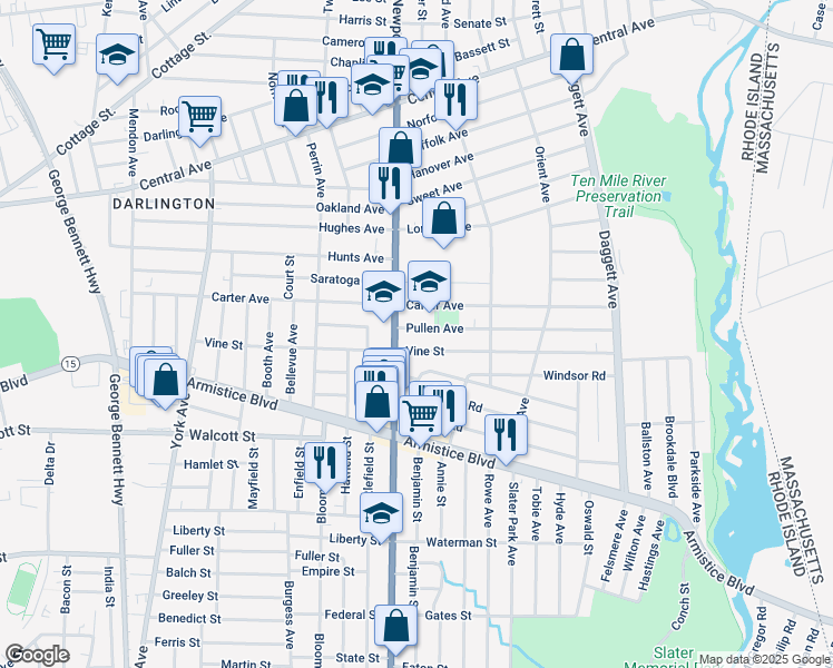 map of restaurants, bars, coffee shops, grocery stores, and more near 117 Pullen Avenue in Pawtucket
