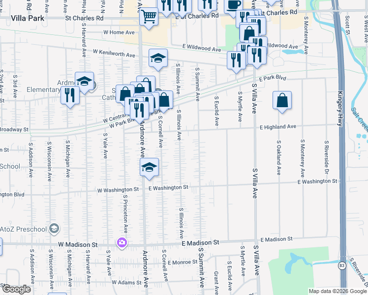 map of restaurants, bars, coffee shops, grocery stores, and more near 429 South Illinois Avenue in Villa Park