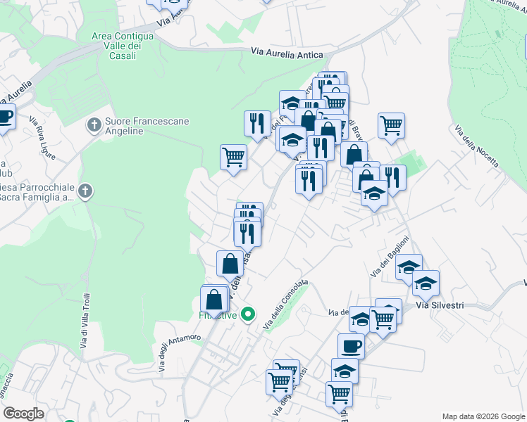 map of restaurants, bars, coffee shops, grocery stores, and more near 158 Via della Pisana in Rome