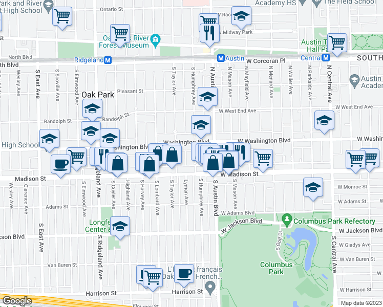 map of restaurants, bars, coffee shops, grocery stores, and more near 419 South Humphrey Avenue in Oak Park