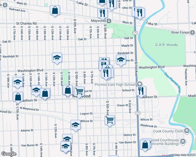map of restaurants, bars, coffee shops, grocery stores, and more near 706 South 6th Avenue in Maywood