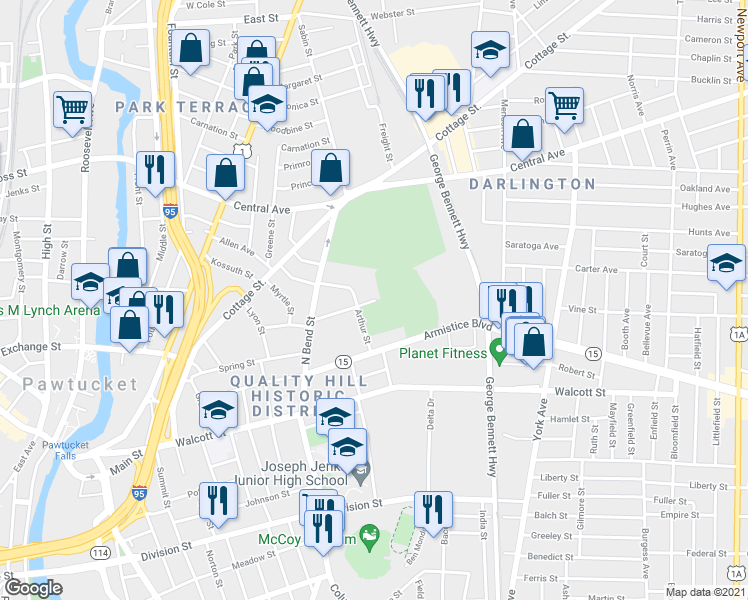 map of restaurants, bars, coffee shops, grocery stores, and more near 70 Wood St in Pawtucket