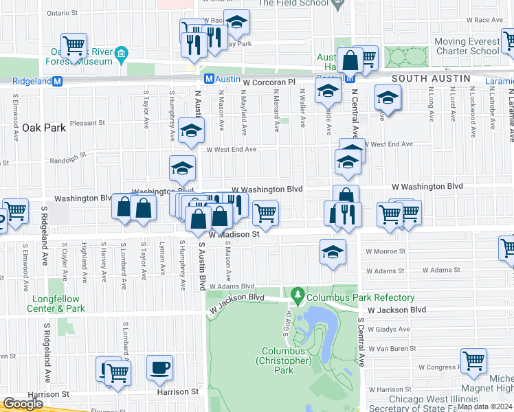 map of restaurants, bars, coffee shops, grocery stores, and more near 41 North Mayfield Avenue in Chicago