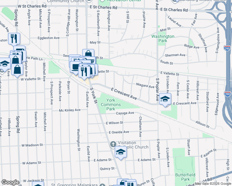 map of restaurants, bars, coffee shops, grocery stores, and more near 186 East Crescent Avenue in Elmhurst