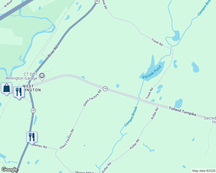 map of restaurants, bars, coffee shops, grocery stores, and more near 91 Tolland Turnpike in Willington