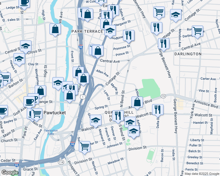 map of restaurants, bars, coffee shops, grocery stores, and more near 145 Cottage Street in Pawtucket