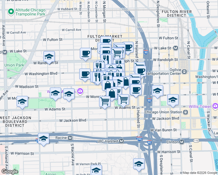 map of restaurants, bars, coffee shops, grocery stores, and more near 939 West Madison Street in Chicago