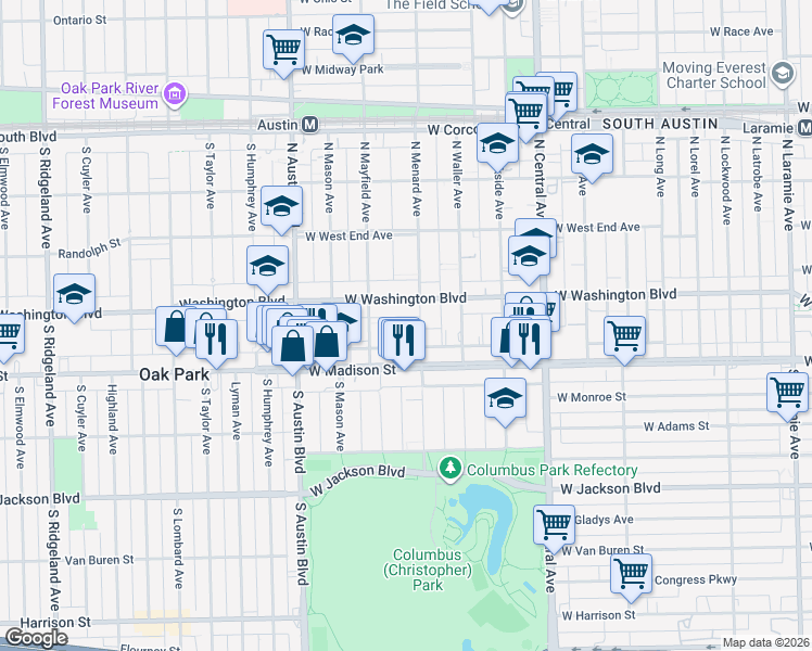 map of restaurants, bars, coffee shops, grocery stores, and more near 48 North Menard Avenue in Chicago