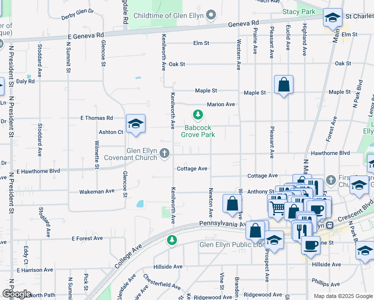 map of restaurants, bars, coffee shops, grocery stores, and more near 308 Hawthorne Boulevard in Glen Ellyn