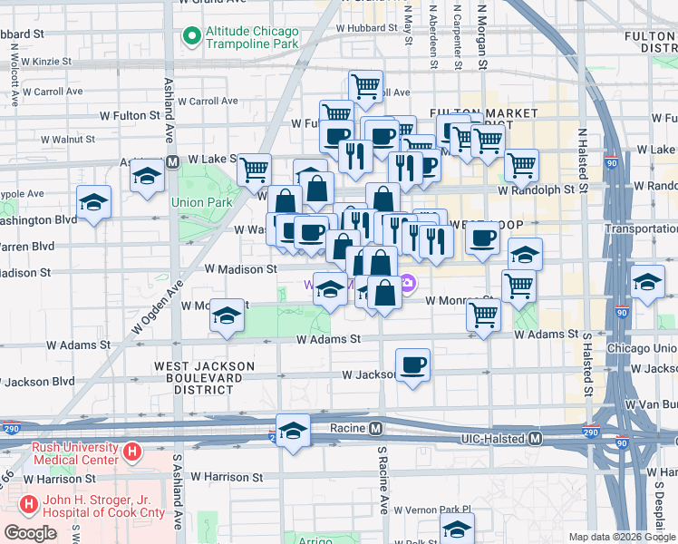 map of restaurants, bars, coffee shops, grocery stores, and more near 1249 West Madison Street in Chicago