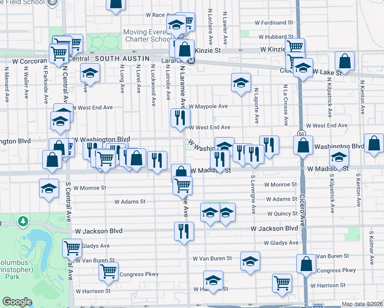 map of restaurants, bars, coffee shops, grocery stores, and more near 5145 West Washington Boulevard in Chicago
