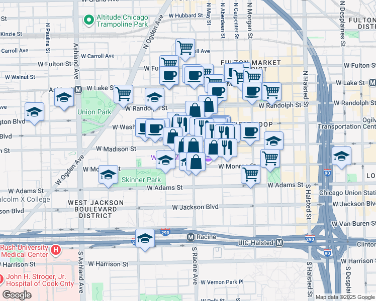 map of restaurants, bars, coffee shops, grocery stores, and more near 1209 West Madison Street in Chicago