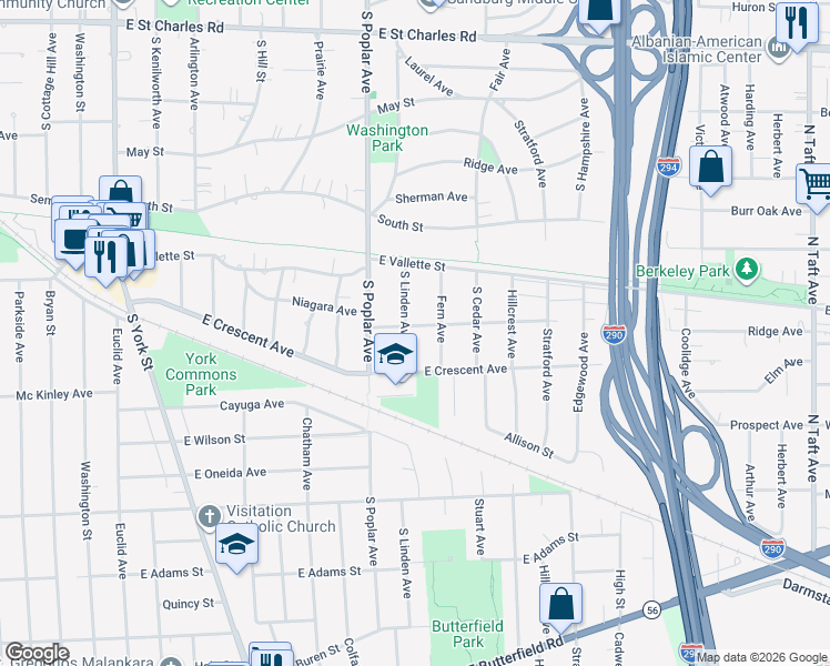 map of restaurants, bars, coffee shops, grocery stores, and more near 334 Niagara Avenue in Elmhurst