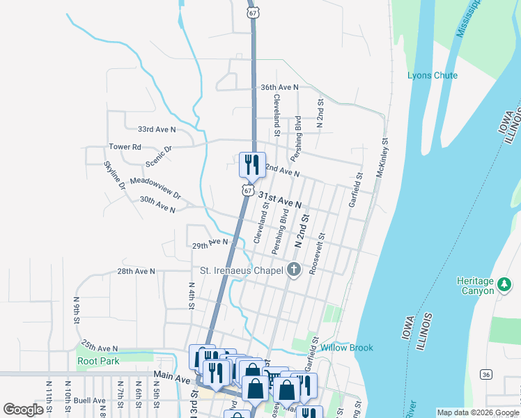 map of restaurants, bars, coffee shops, grocery stores, and more near 3016 Cleveland Street in Clinton