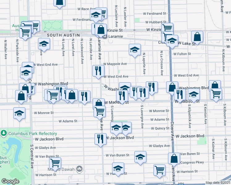map of restaurants, bars, coffee shops, grocery stores, and more near 5107 West Washington Boulevard in Chicago