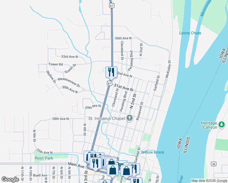 map of restaurants, bars, coffee shops, grocery stores, and more near 3016 Cleveland Street in Clinton