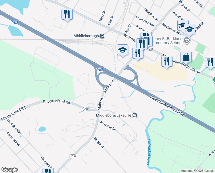 map of restaurants, bars, coffee shops, grocery stores, and more near 1 Rhode Island Road in Middleborough