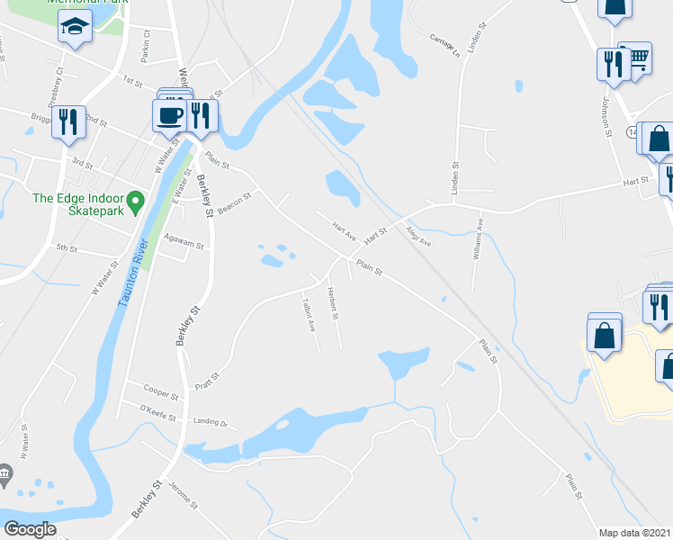 map of restaurants, bars, coffee shops, grocery stores, and more near 6 Pratt Street in Taunton