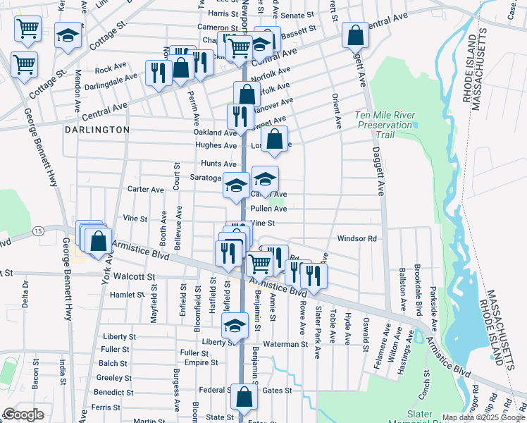 map of restaurants, bars, coffee shops, grocery stores, and more near 117 Pullen Avenue in Pawtucket