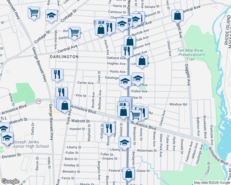 map of restaurants, bars, coffee shops, grocery stores, and more near in Pawtucket