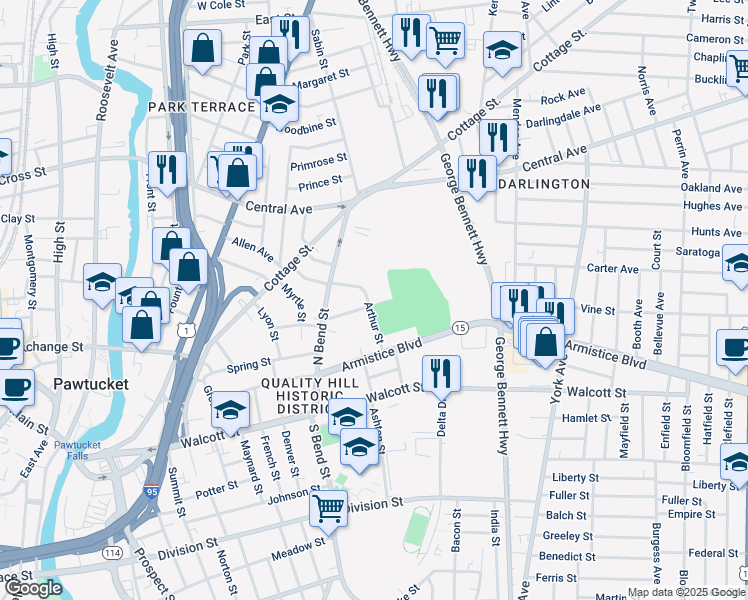 map of restaurants, bars, coffee shops, grocery stores, and more near 70 Wood Street in Pawtucket