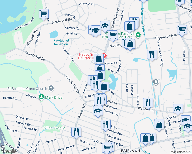 map of restaurants, bars, coffee shops, grocery stores, and more near 201 Reservoir Avenue in Lincoln