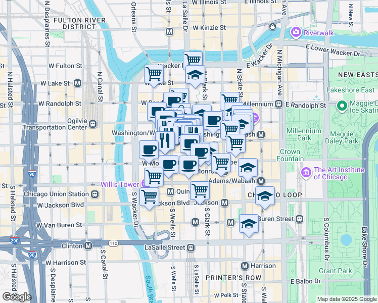 map of restaurants, bars, coffee shops, grocery stores, and more near 10 South LaSalle Street in Chicago