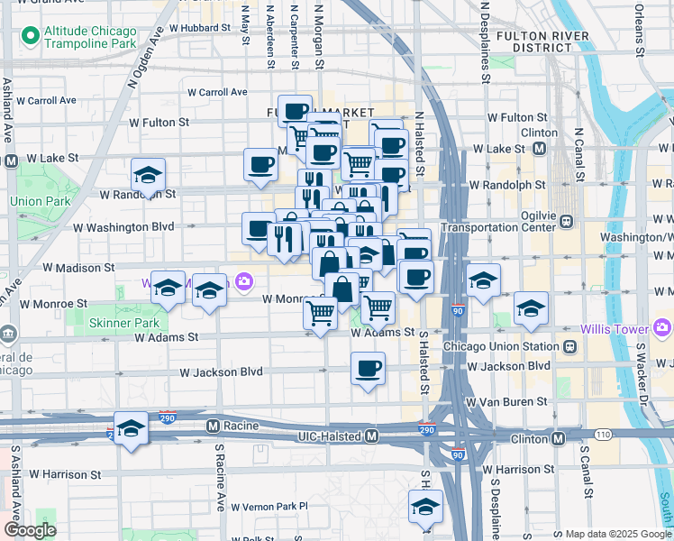 map of restaurants, bars, coffee shops, grocery stores, and more near 940 West Madison Street in Chicago