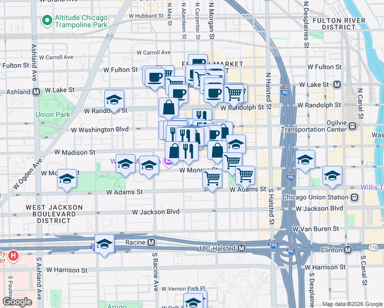 map of restaurants, bars, coffee shops, grocery stores, and more near 1051 West Madison Street in Chicago