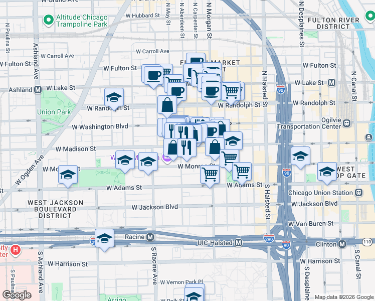 map of restaurants, bars, coffee shops, grocery stores, and more near 1051 West Madison Street in Chicago