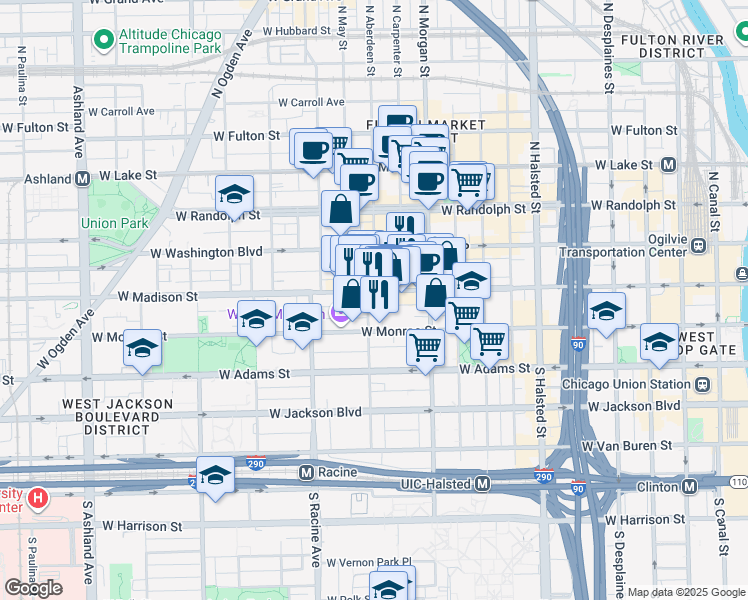 map of restaurants, bars, coffee shops, grocery stores, and more near 1051 West Madison Street in Chicago