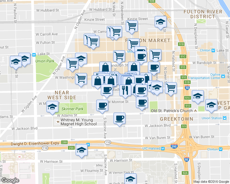 map of restaurants, bars, coffee shops, grocery stores, and more near 1131 West Madison Street in Chicago