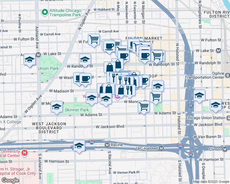 map of restaurants, bars, coffee shops, grocery stores, and more near 1131 West Madison Street in Chicago