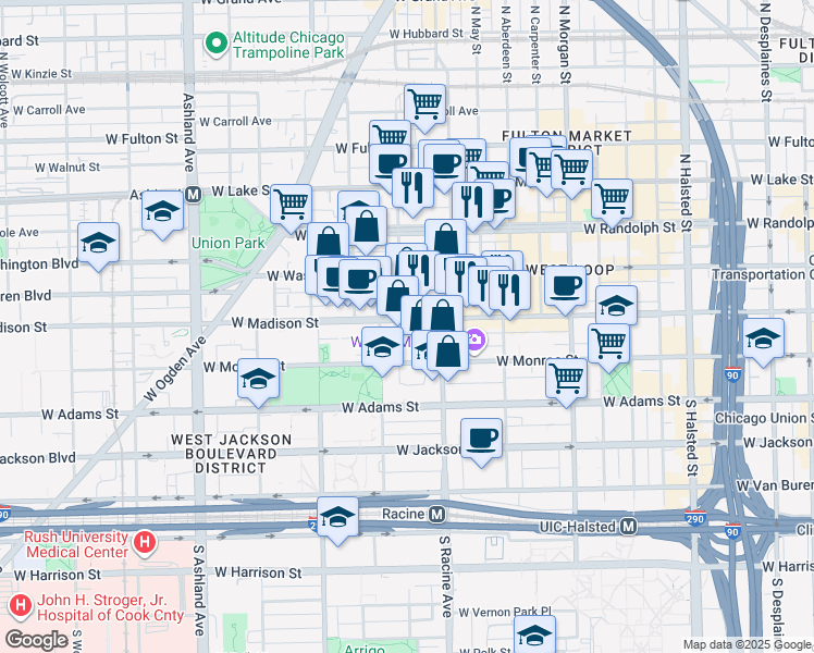 map of restaurants, bars, coffee shops, grocery stores, and more near 1237 West Madison Street in Chicago