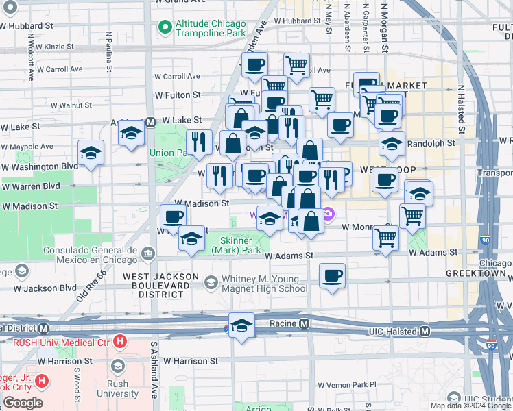 map of restaurants, bars, coffee shops, grocery stores, and more near 1301 West Madison Street in Chicago